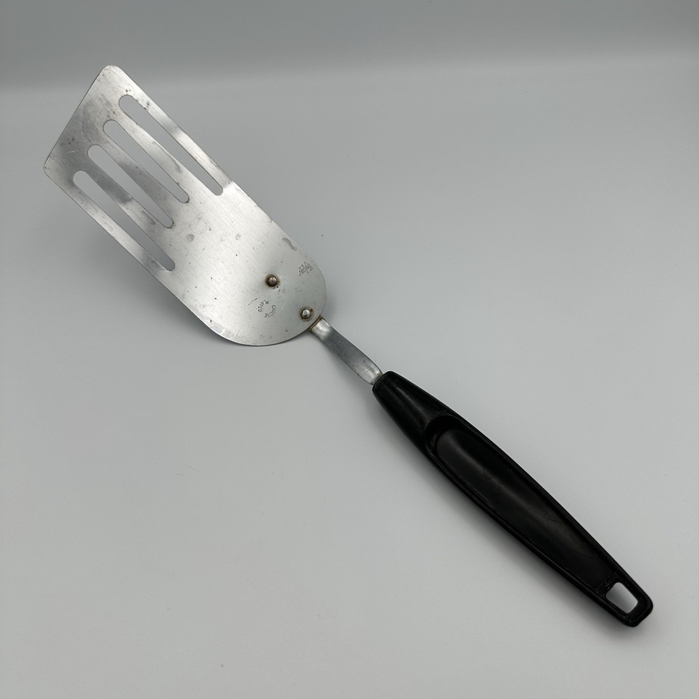 Vtg FOLEY USA Slotted Angled Spatula Chrome Black Plastic Handle Kitchen Utensil